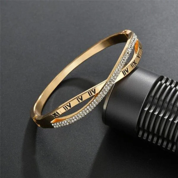Gold Plated Roman Numbers Engraved Stone Studded Korean Bracelet for Women