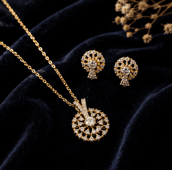 Royal Gold Crystal Halo Necklace & Stud Earrings Set
