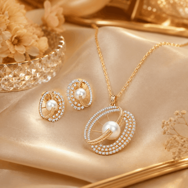Luxury Pearl Halo CZ Pendant Necklace & Earrings Set for Women
