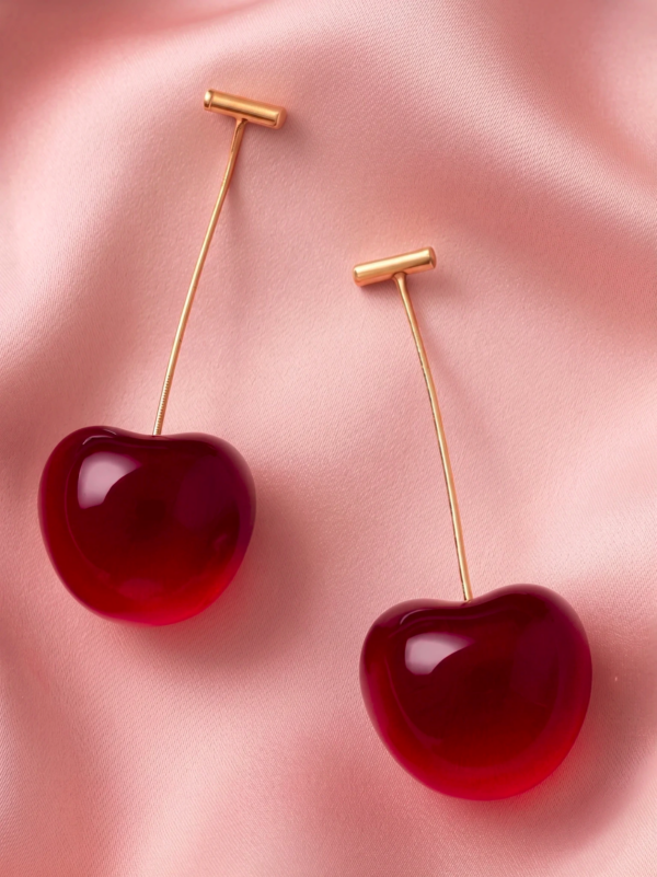 Cherry Heart Drop Earrings – Gold Tone