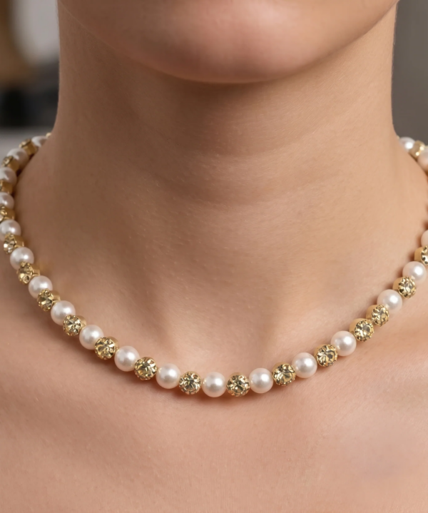 Elegant Pearl & Gold Crystal Necklace